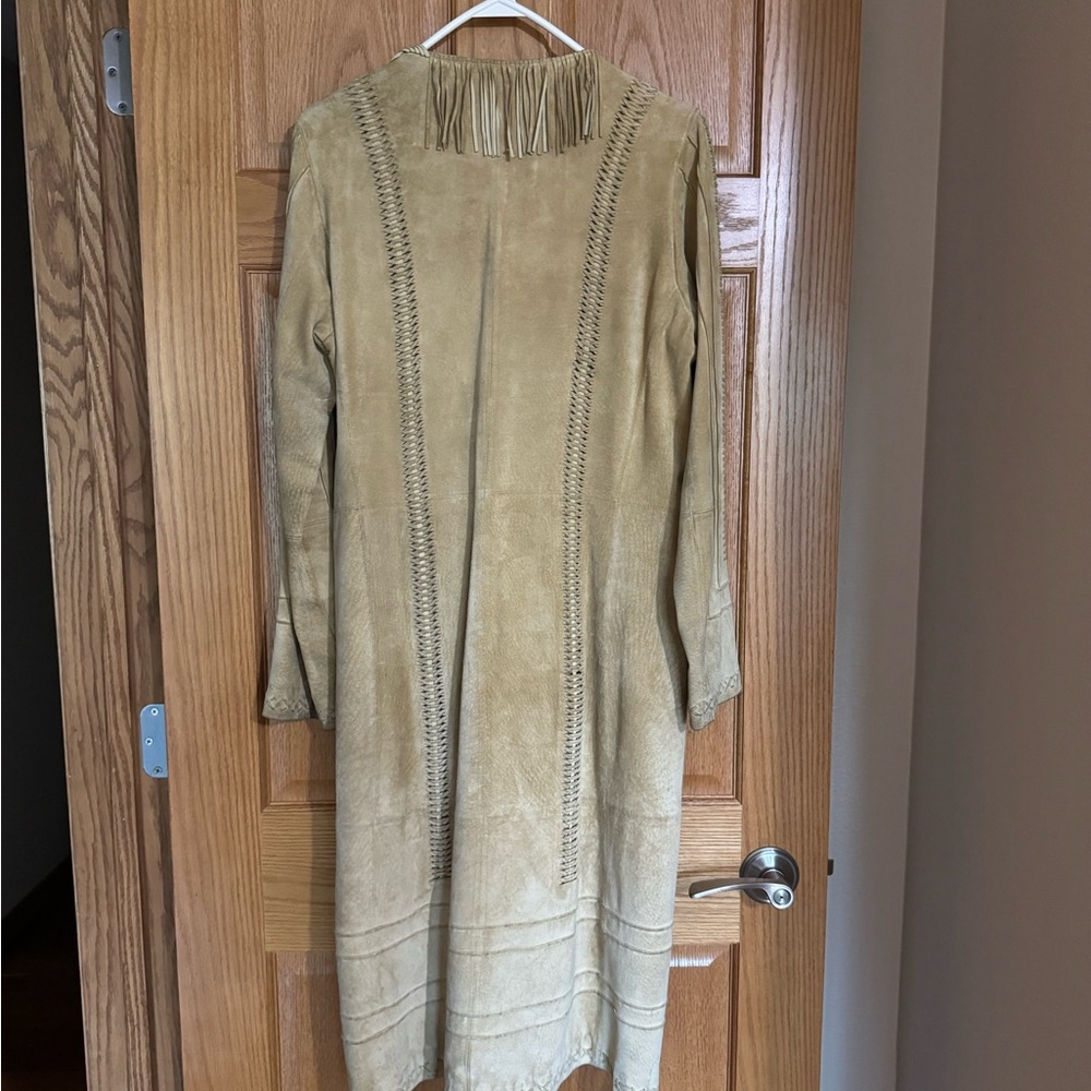 Vintage Victoria’s Secret Moda International Fringe Trim Suede Long Coat - Tan - Picture 2 of 9